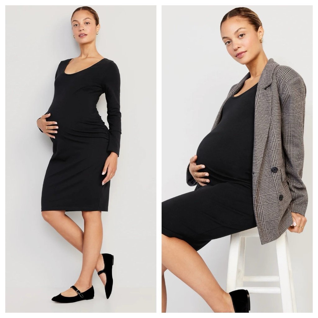 Old Navy Maternity Dress Size M Black Long Sleeve Ruched Bodycon Jersey Knit
